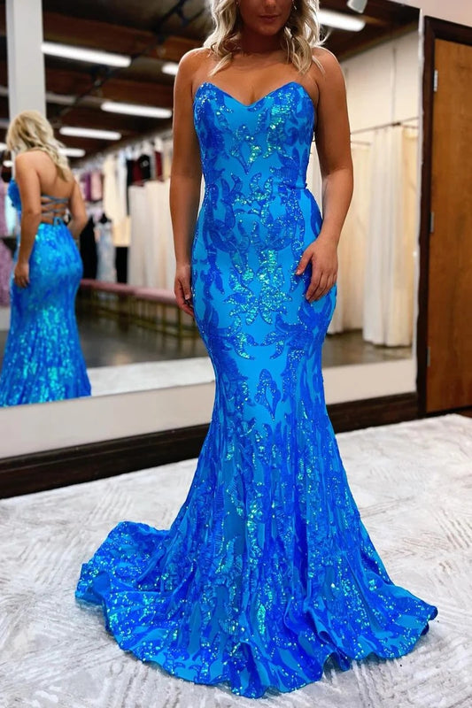 Alina | Elegant Blue Mermaid Satin Strapless Sweetheart Neck Prom Dress with Sequins JB120310