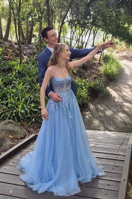 Cute A Line Sweetheart Blue Tulle Long Prom Dresses with Appliques