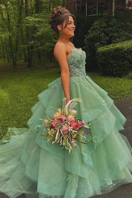 Elysia | Fairy A-Line Sweetheart Sage Green Tulle Long Prom Dress with Appliques