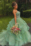 Elysia | Fairy A-Line Sweetheart Sage Green Tulle Long Prom Dress with Appliques