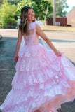 Seraphina | Fairy A-Line V-Neck Pink Tulle Long Prom Dress with Appliques