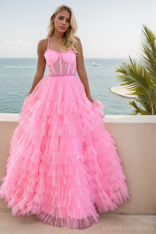 Elegant A-Line Illusion Tulle Prom Dress with Tiered Skirt