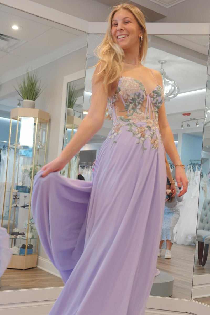 A-Line Lilac Strapless Tulle Long Prom Dresses with Appliques