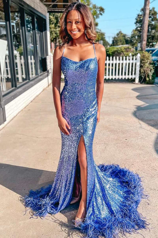 Annie | Dazzling Blue Sequin Feather Lace-Up Back Mermaid Long Prom Dress with Slit