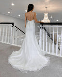 Sparkly V-Neck Mermaid White Wedding Dress with Sequins