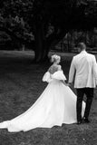 Fairy Ball Gown Off the Shoulder White Organza Tulle Bridal Dresses with Ruffled Sleeves
