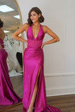 Charming Mermaid V Neck Fuchsia Satin Long Prom Dresses with Slit