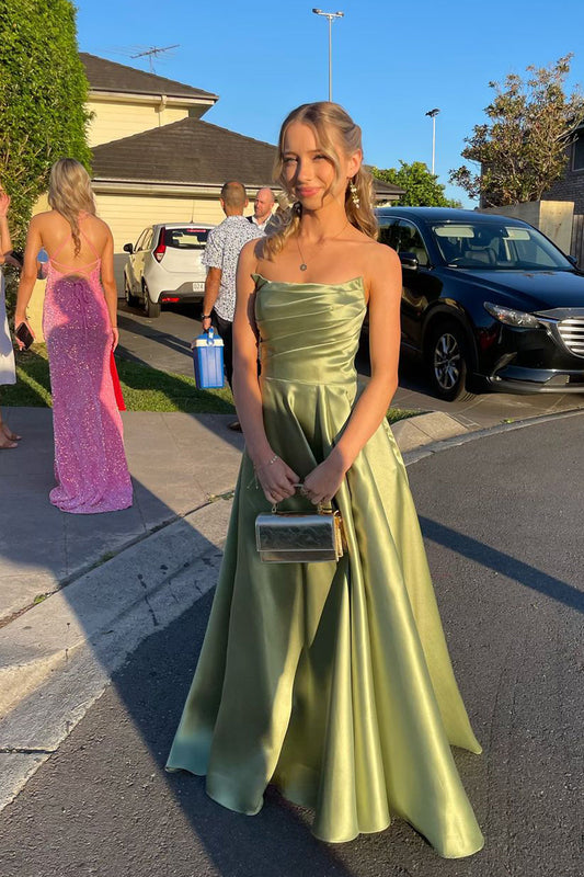 Lila | Cute A-Line Scoop Neck Sage Green Satin Prom Dress