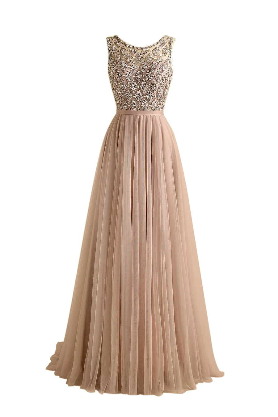 Sheath  Sparkly Beaded Long Tulle Bridesmaid Prom Dress