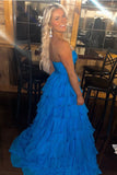 Aveline | Cute A-Line Sweetheart Blue Chiffon Tiered Long Prom Dress