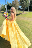 Elysia | Charming Ball Gown Sweetheart Yellow Satin Long Prom Dress with Appliques