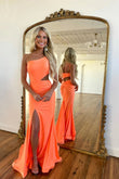 Charming One-Shoulder Orange Satin Mermaid Prom Dress with Slit