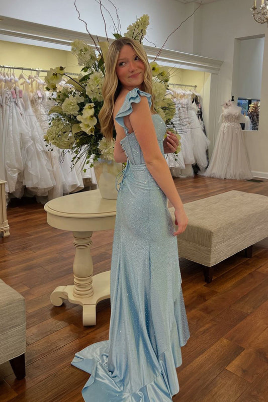 Skylar | Cute Sheath Straps Light Blue Beading Satin Long Prom Dress with Slit