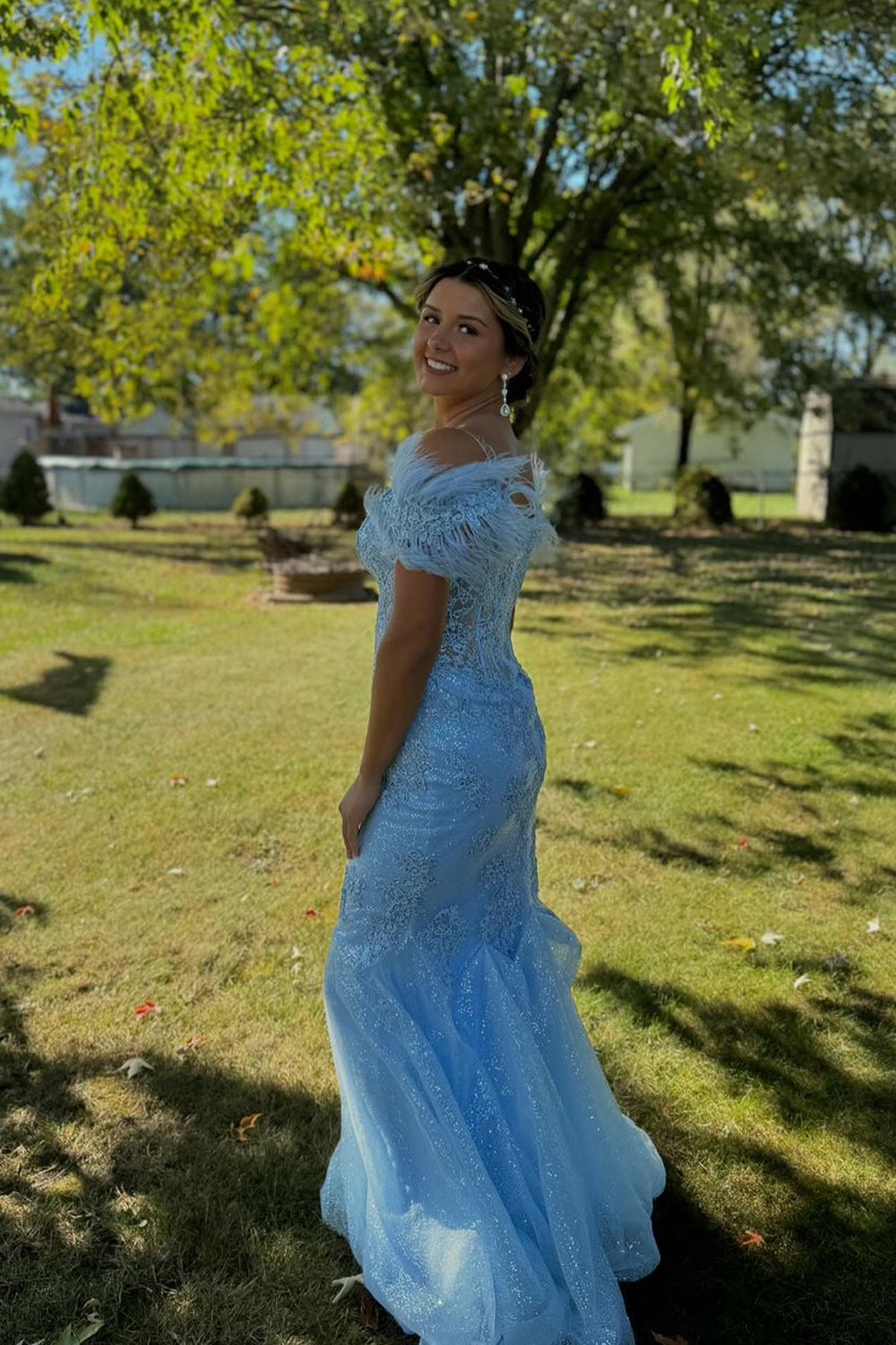 Serena | Cute Mermaid Off-the-Shoulder Light Blue Lace Prom Dress