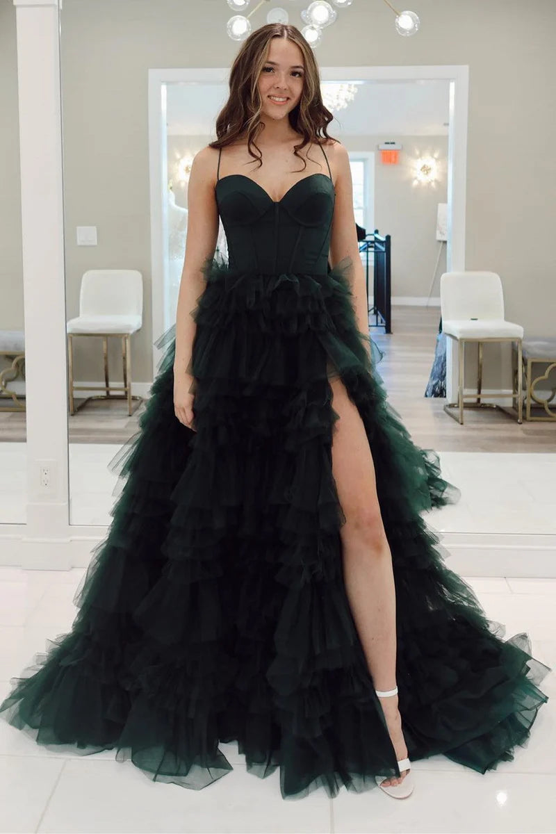 Cute Dark Green Tulle Ball Gown Prom Dress with Sweetheart Neckline and Slit