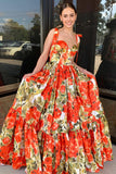 Gorgeous A-Line Floral Printed Satin Sweetheart Long Prom Dresses with Bow