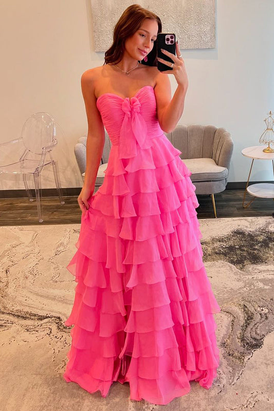 Cute A Line Sweetheart Pink Chiffon Tiered Prom Dresses with Bow