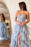 Blue Strapless Ruffle Tulle A-Line Long Prom Dresses with Slit