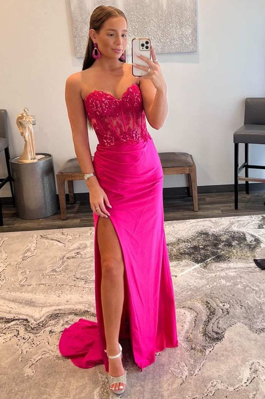 Amara | Romantic Hot Pink Mermaid Satin Sweetheart Neck Prom Dress with Slit JB120312