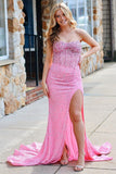 Charming Mermaid Strapless Pink Sequin Prom Dress with Beading