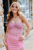 Charming Mermaid Strapless Pink Sequin Prom Dress with Beading