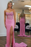 Charming Mermaid Strapless Pink Sequin Prom Dress with Beading