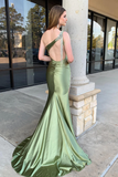 Charming Mermaid One Shoulder Sage Beaded Satin Prom Dress with Slit