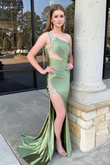 Charming Mermaid One Shoulder Sage Beaded Satin Prom Dress with Slit