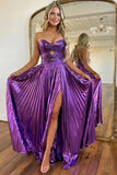 Lydia | Charming A-Line Sweetheart Purple Pleated Satin Prom Dress with Slit