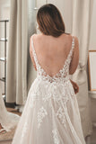 Fairy A Line V Neck White Tulle Bridal Dresses with Appliques
