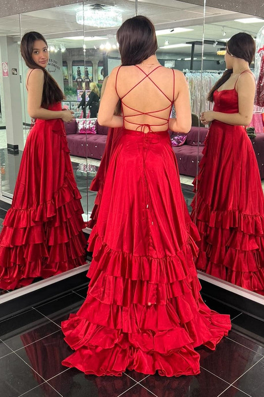 Cute A Line Scoop Neck Ruffled Satin Tiered Prom Dresses with Slit