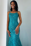 Charming Mermaid Scoop Neck Turquoise Lace Long Prom Dresses