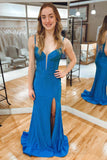 Cute Mermaid V Neck Light Blue Satin Beaded Long Prom Dress with Slit