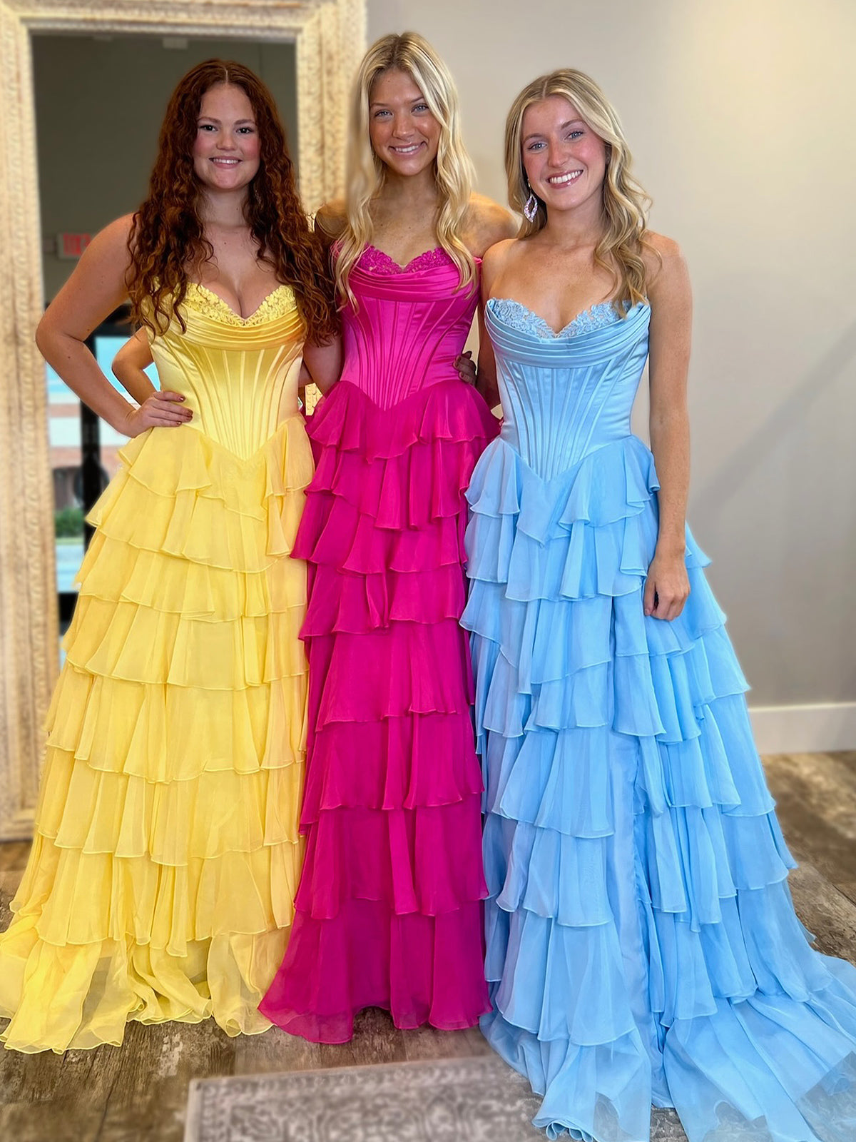 Cute Yellow Sweetheart A-Line Ruffle Chiffon Tiered Long Prom Dress With Split