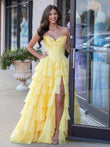 Cute Yellow Sweetheart A-Line Ruffle Chiffon Tiered Long Prom Dress With Split