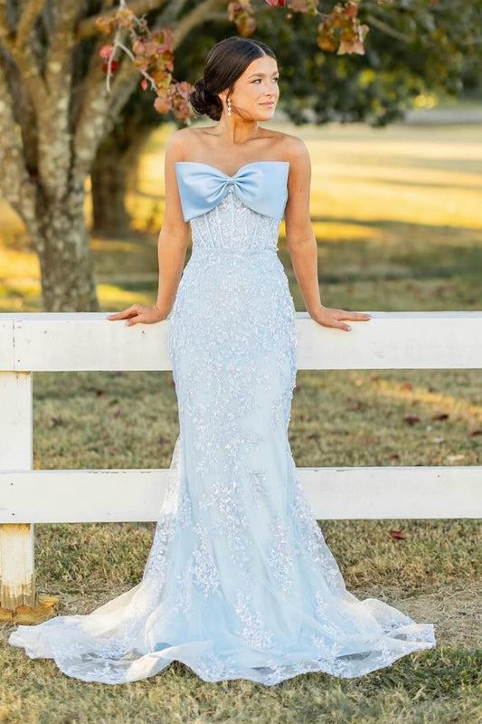 Adorable Mermaid Strapless Light Blue Sequin Lace Prom Dress with Bow