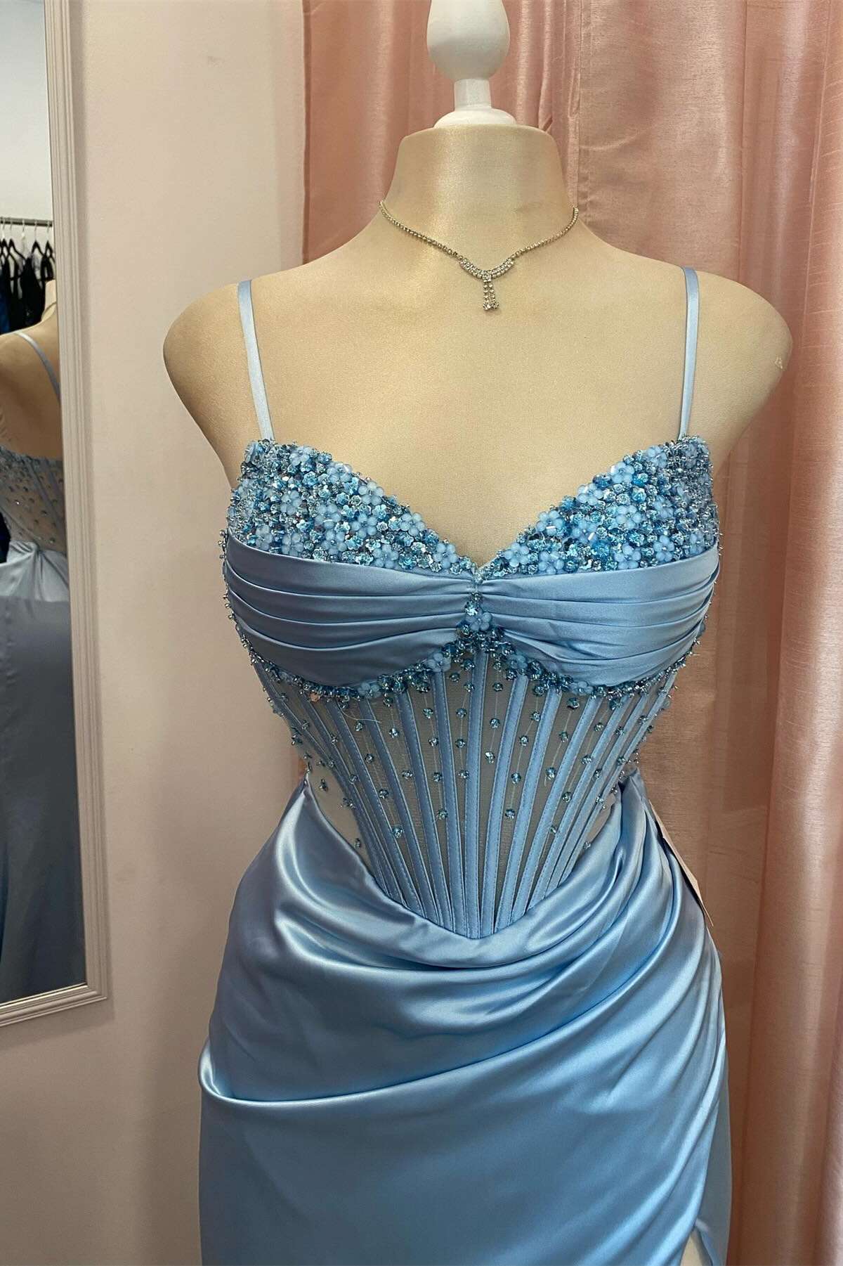 Cute Mermaid V Neck Light Blue Beaded Ruched Long Prom Dress with Slit