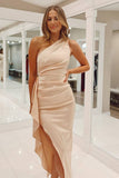 Sophisticated One-Shoulder Champagne Satin Prom Dress with Ruffle and Slit