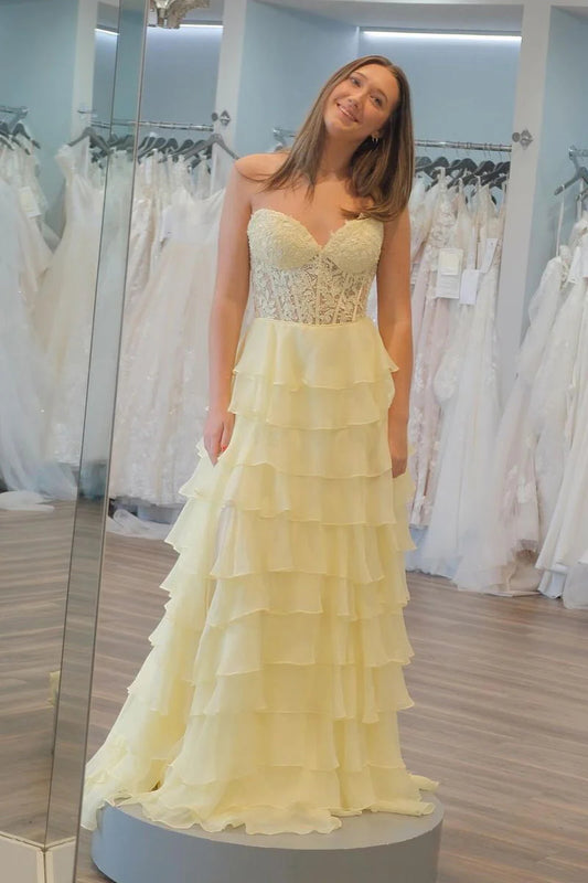 Celeste | Elegant Light Yellow A-Line Tulle Sweetheart Neck Prom Dress with Pleated Skirt JB120324