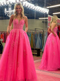 Aurora | Fairy A-Line V-Neck Pink Tulle Long Prom Dress with Appliques