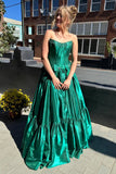 Cute A Line Strapless Dark Green Satin Prom Dresses