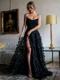 Cute A-Line Strapless Black Tulle Prom Dress with 3D Lace Flowers