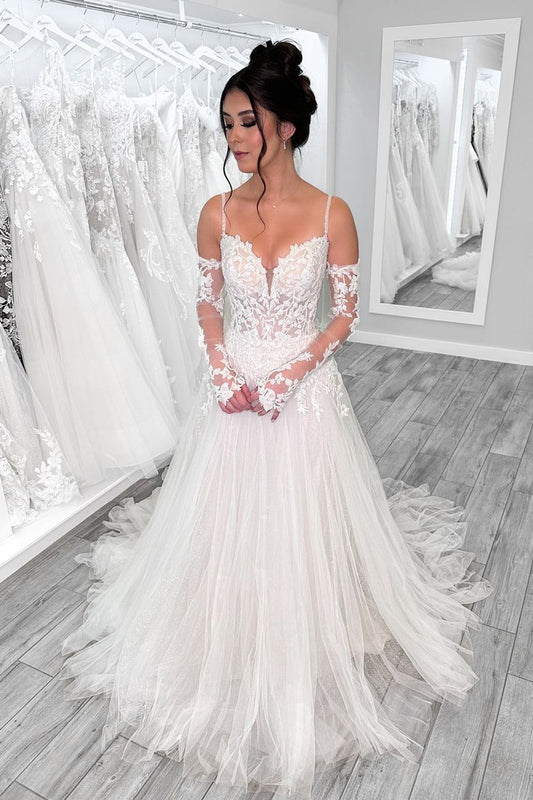 Seraphina | Elegant A-Line V-Neck Tulle Bridal Dress with Long Sleeves