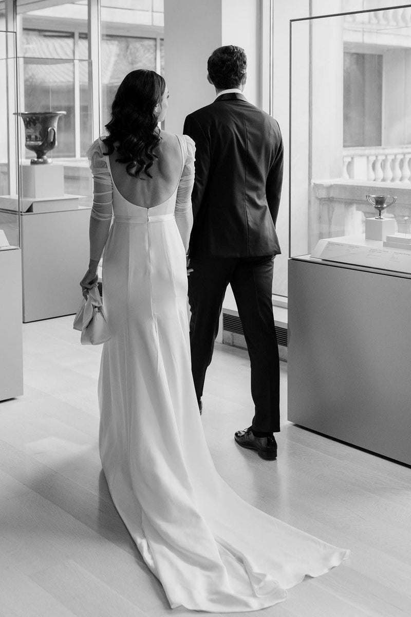 Mermaid White Satin Wedding Dress with Square Neckline and Long Sleeves