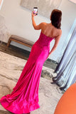 Charming Mermaid Scoop Neck Fuchsia Satin Long Prom Dress with Appliques