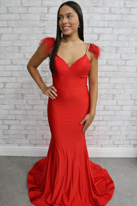 Charming Mermaid V-Neck Red Satin Long Prom Dress with Beading