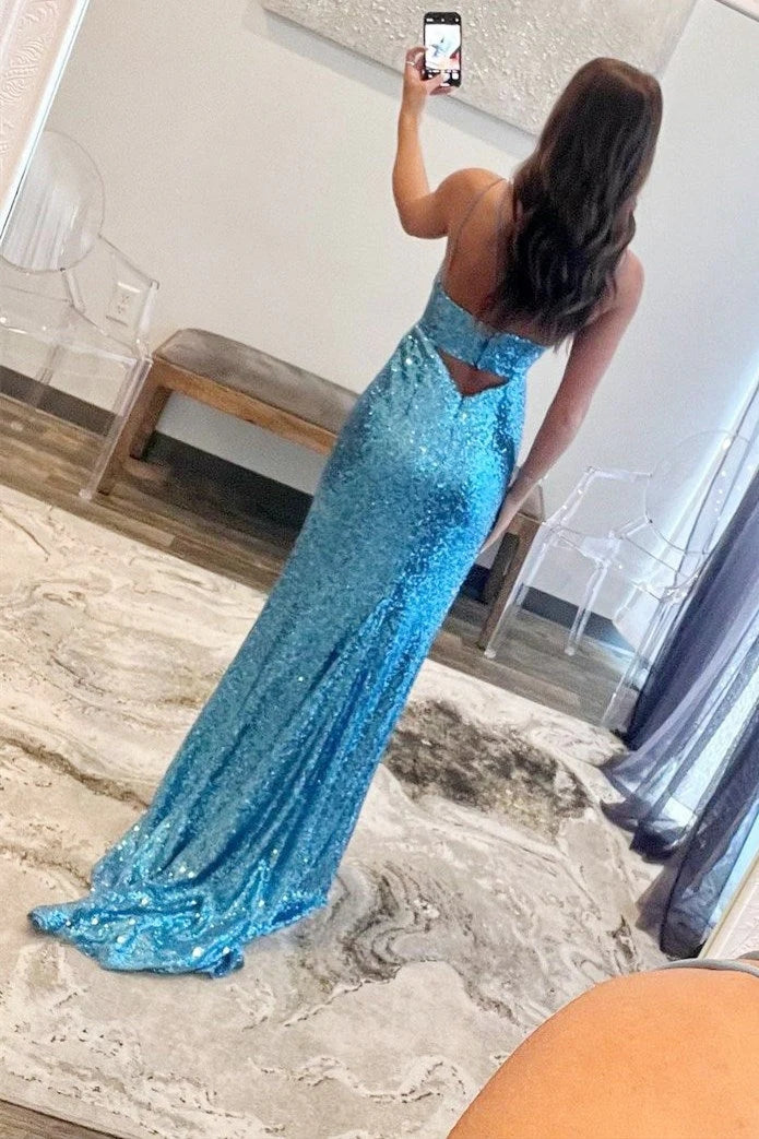 Celeste | Elegant Light Blue Mermaid Sequins Spaghetti Straps Illusion Prom Dress with Hollow JB120309