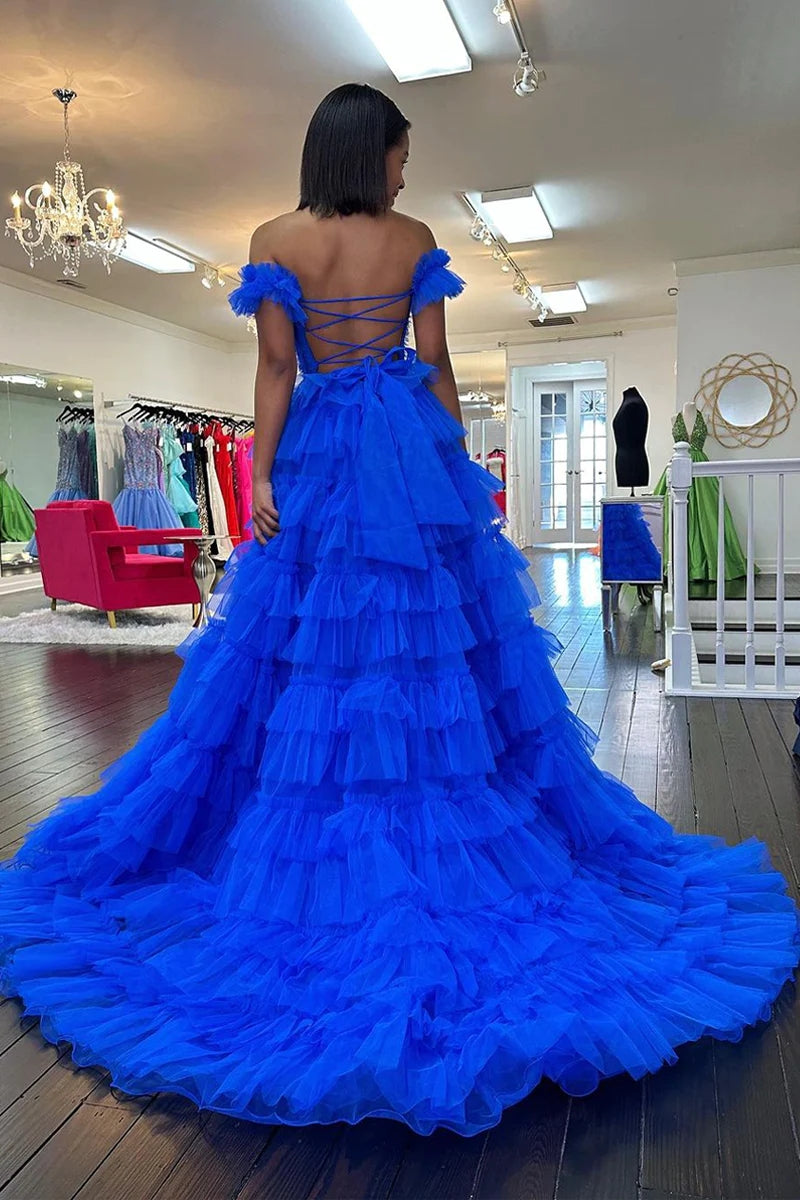 Adalynn | Royal Blue Off-the-Shoulder Ruffle Tiered Tulle Long Prom Dress with Slit