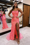 Fuchsia Strapless Sequin Lace Mermaid Prom Dress with Slit