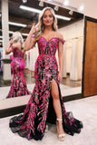 Charming Off-the-Shoulder Black Mermaid Prom Dress with Fuchsia Sequin Appliques